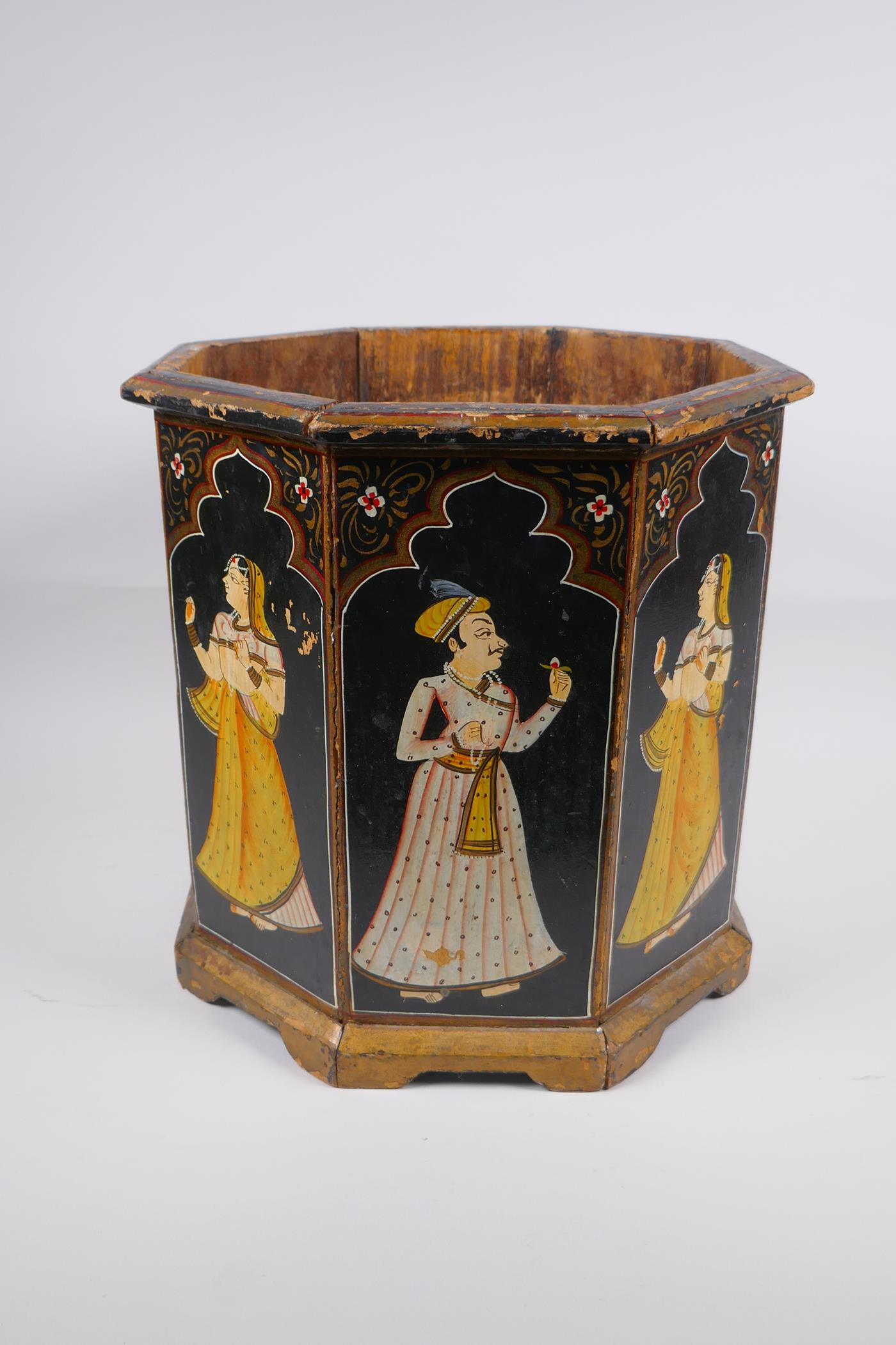 An Indian octagonal wood planter with hand painted figural decoration to each panel, 31cm high - Image 4 of 5