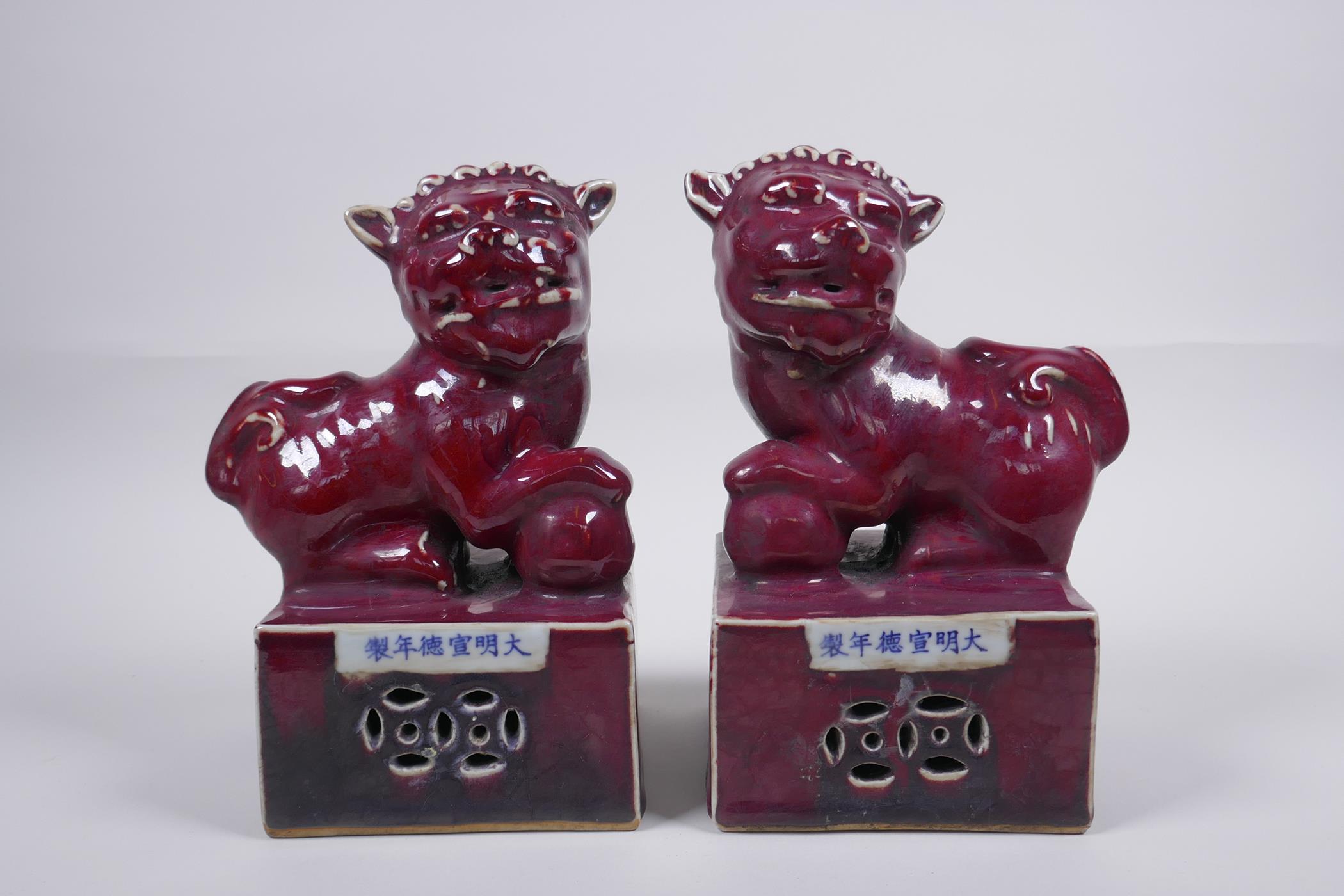 A pair of sang de boeuf glazed porcelain fo dogs, Chinese Xuande 6 character mark, 21cm high