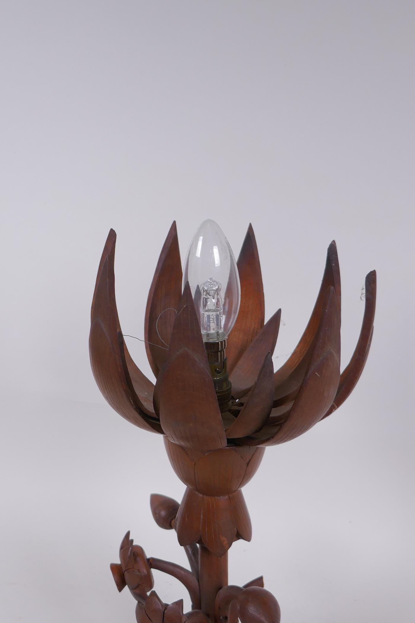 A carved wood lotus flower table lamp, the petals opening to reveal the bulb, 35cm high - Image 2 of 5