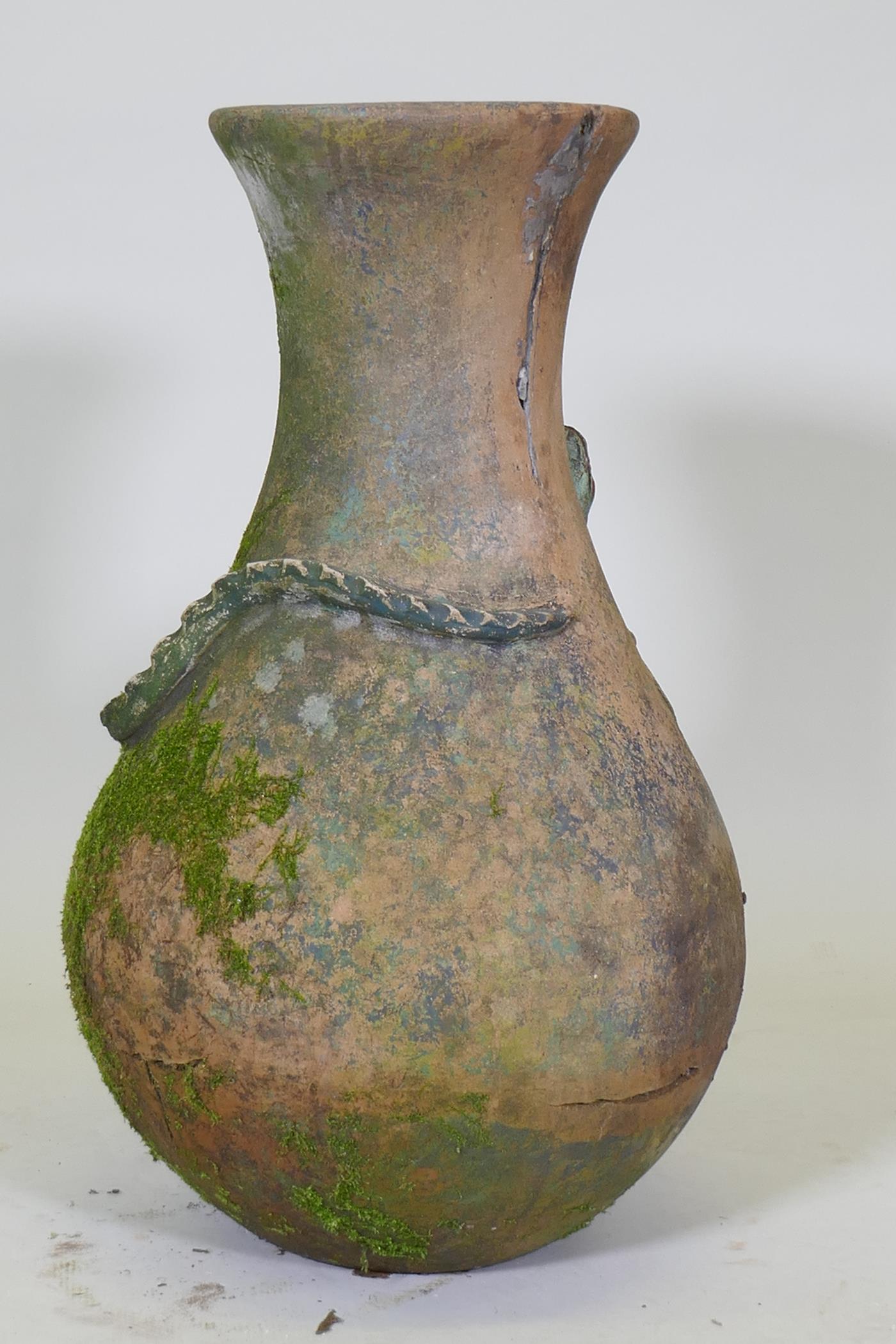 A terracotta garden vase with an applied and painted lizard, historic repair, 66cm high - Image 4 of 6