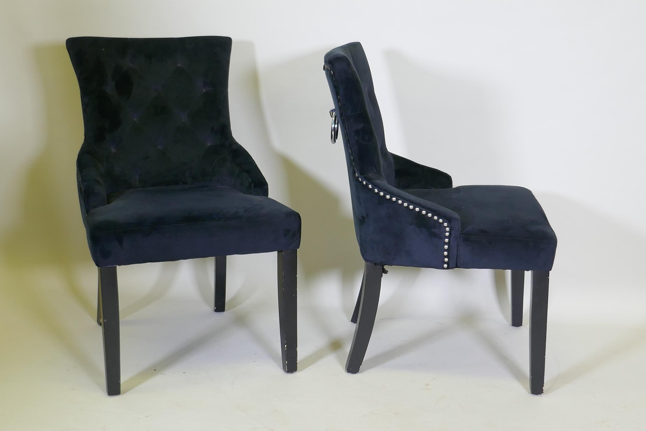 A pair of velvet side chairs with a decorative metal ring knocker to back - Image 3 of 4