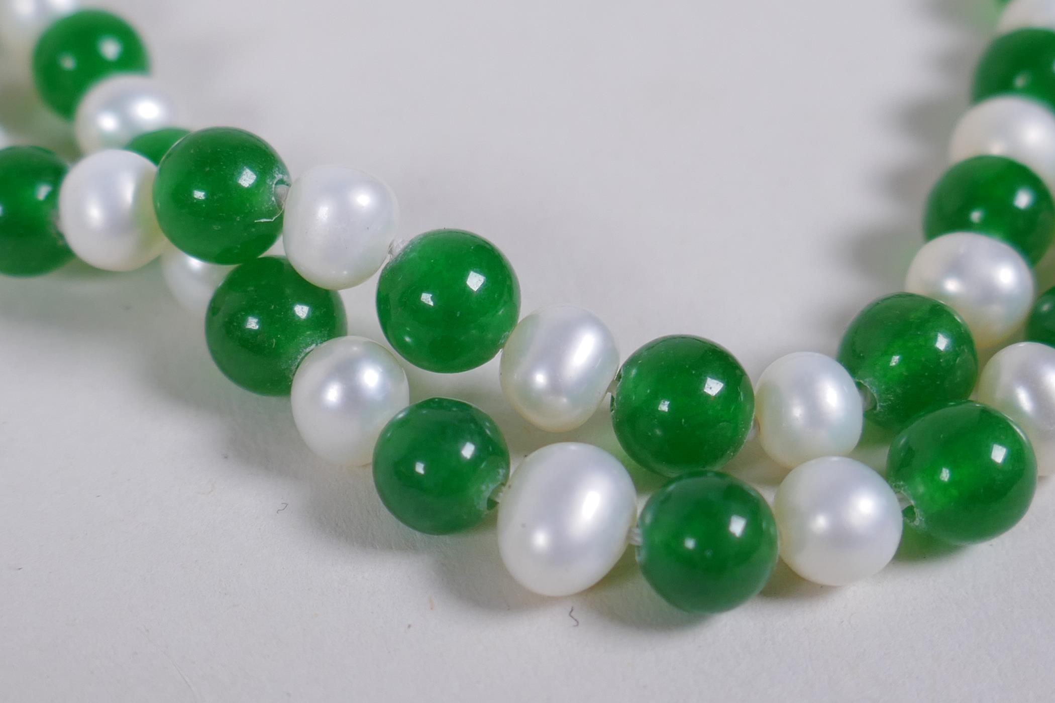 A green jade and pearl bead necklace, 120cm long - Image 2 of 2