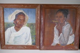 Julia Neilus Moffatt, a pair of portraits of oriental women, oils on canvas laid on board, housed in