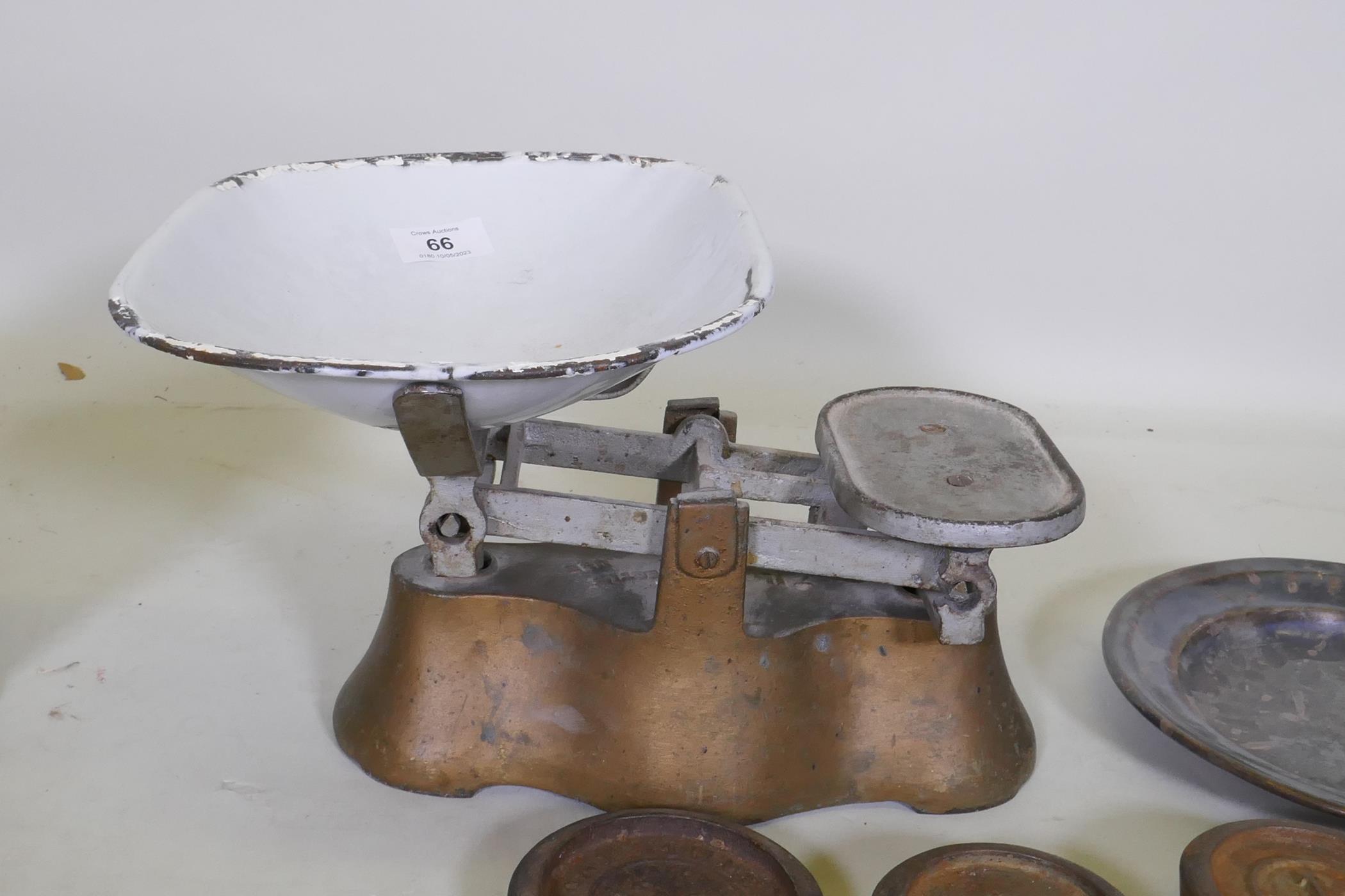 A set of antique weighing scales and weights, a pair of pewter plates with heraldic designs, a C19th - Image 5 of 5