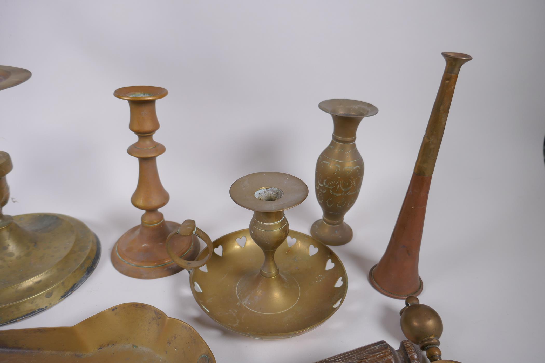A quantity of brassware including a four spout whale oil lamp, pairs of candlesticks, ash trays, - Image 3 of 7