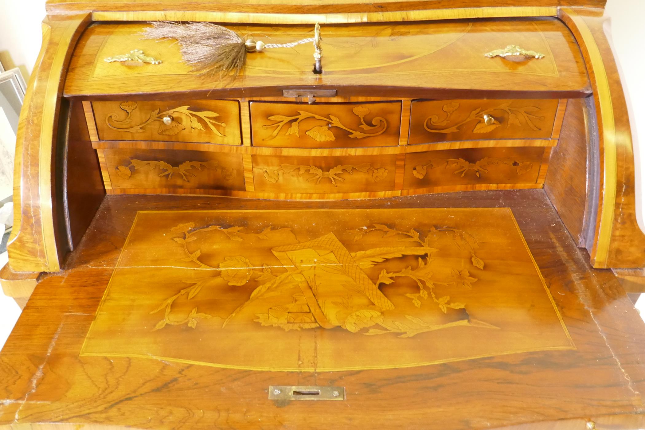 A rosewood marquetry inlaid bureau, with shaped top and cylinder front, the interior fitted with - Image 4 of 9