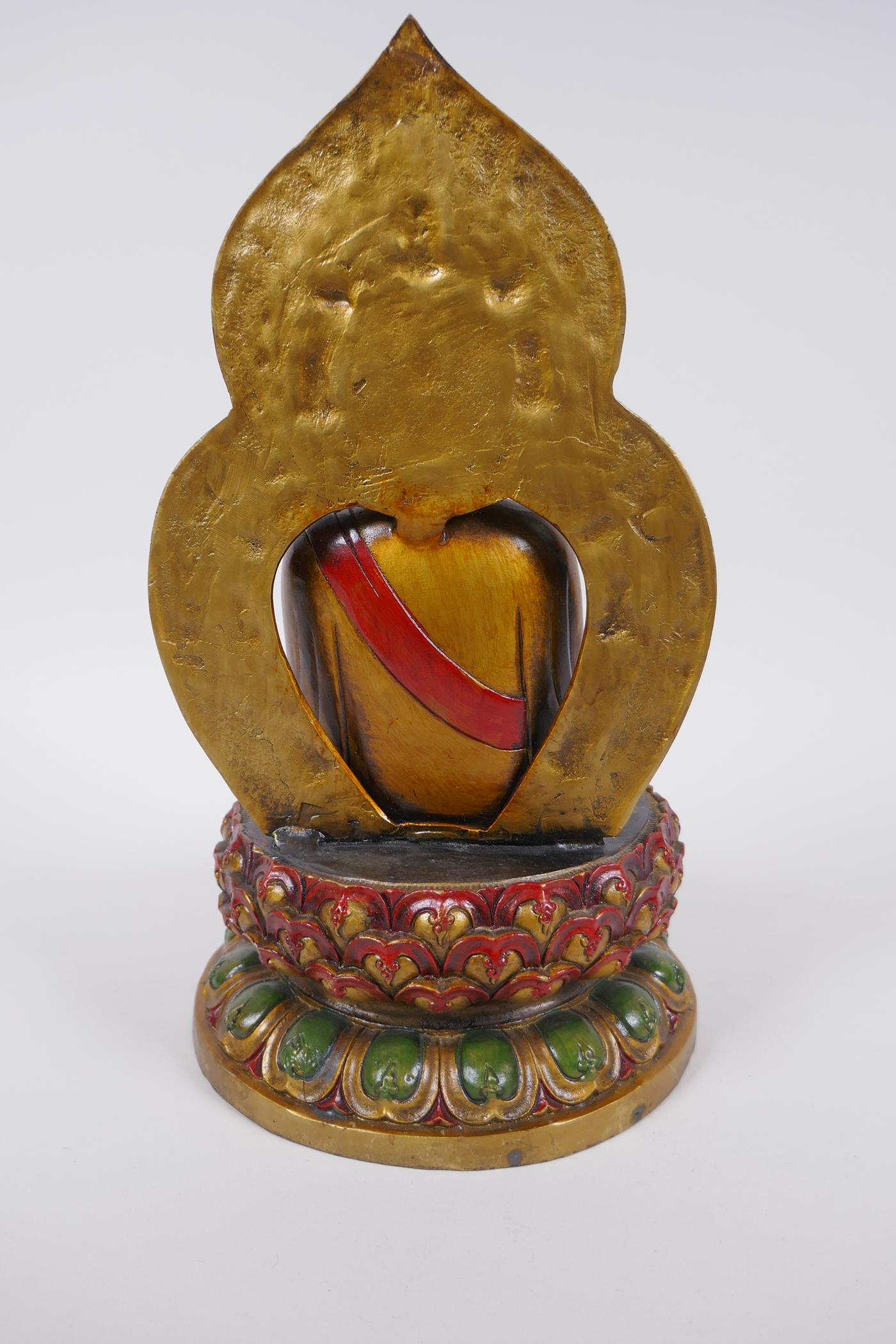 A Chinese cold painted filled bronze figure of Buddha seated on a lotus throne, 4 character mark - Image 4 of 6