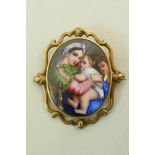 A yellow metal brooch (tests as gold) inset with an enamel miniature after Raphael, the Madonna