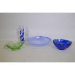 A large studio glass bowl, 45cm diameter, a smaller bowl, green glass fruit bowl and vase