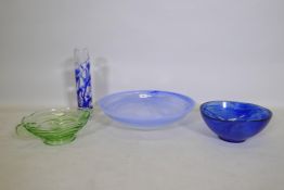 A large studio glass bowl, 45cm diameter, a smaller bowl, green glass fruit bowl and vase