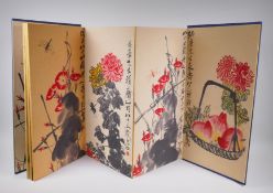 A Chinese printed concertina watercolour book depicting insects, birds, flowers and fruit, 30 x 59cm