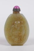 A Chinese celadon jade snuff bottle decorated with objects of virtue and a figure, carved mark to
