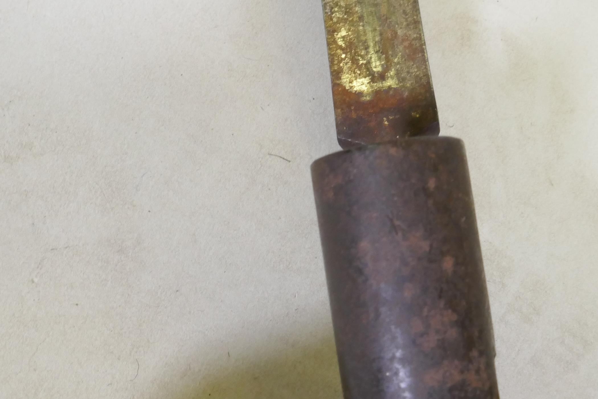 A British Army 1876 pattern socket bayonet in a leather scabbard with brass mounts, stamped WDE7 - Image 3 of 6