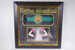 A Richie Woodhall signed replica WBC Championship belt, in a display frame, 65 x 65cm