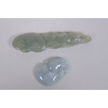 A Chinese celadon jade pendant carved in the form of a phoenix and ruyi, and another carved in the