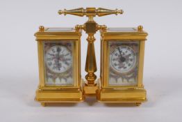 An ormolu and Sevres style porcelain twin carriage clock and barometer, the dials decorated with