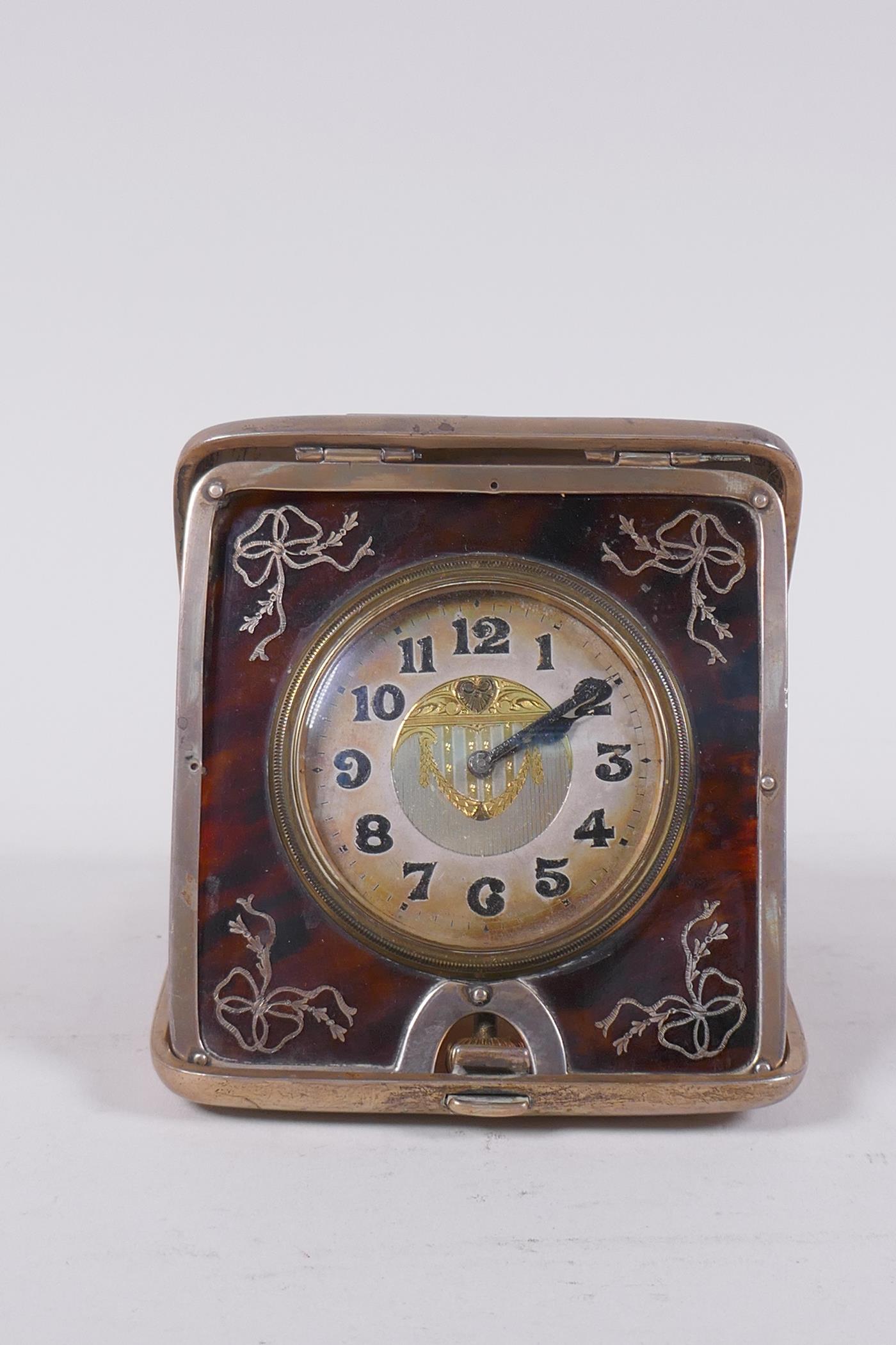 An Edwardian silver cased travelling clock, the dial with enamelled Arabic numbers and gilt - Image 2 of 2