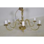 A Dutch style brass five branch ceiling lamp, 44cm drop