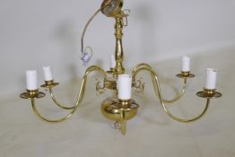 A Dutch style brass five branch ceiling lamp, 44cm drop