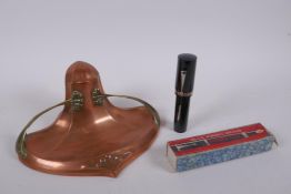 A WMF Art Nouveau copper and brass inkwell, and a Blue Ribbon Brand Jumbo fountain pen, inkwell 22 x