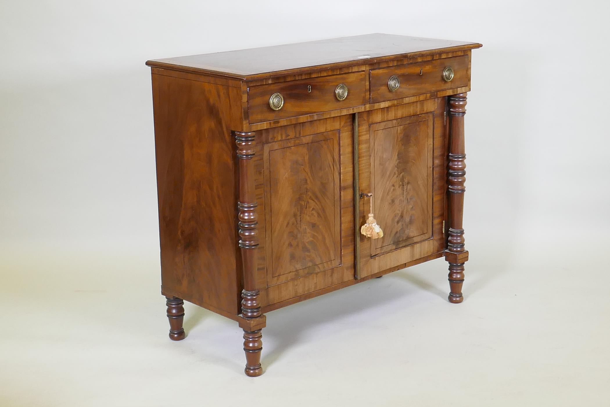 A Regency figured mahogany chiffonier with turned supports, 102 x 49cm, 91cm high - Image 2 of 3