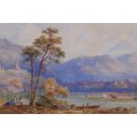 Harry Ward, extensive river landscape with figures to foreground, signed watercolour, 27 x 62cm