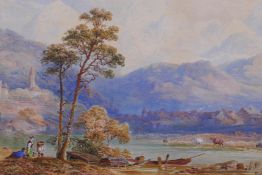 Harry Ward, extensive river landscape with figures to foreground, signed watercolour, 27 x 62cm