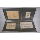 E.G. MacColl, four etchings of Burmese Scenes, monogrammed in pencil and titled The Paddy Fields,