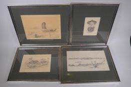 E.G. MacColl, four etchings of Burmese Scenes, monogrammed in pencil and titled The Paddy Fields,