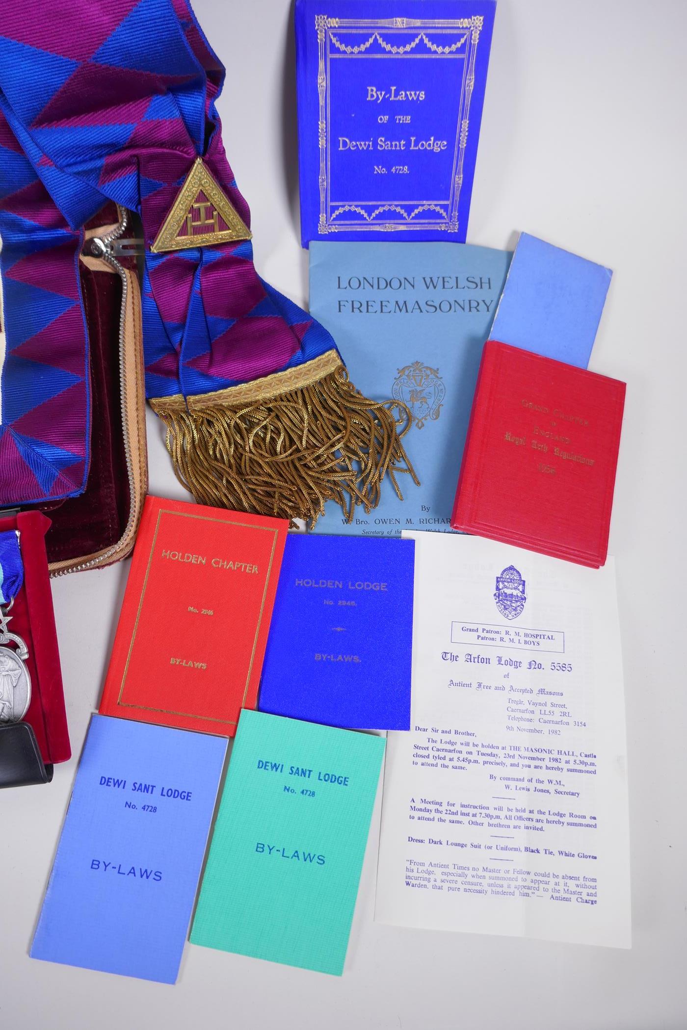 A collection of Masonic regalia to include an apron, sash, assorted medals (some silver) and a - Image 4 of 6