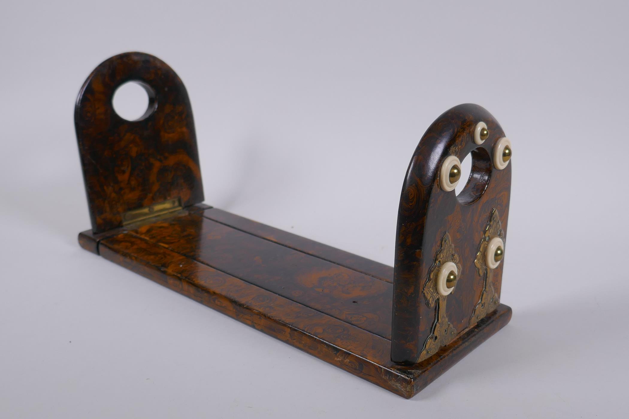 A Victorian papier mache book slide with decorative brass and bone mounts, and painted with a burr - Image 2 of 6