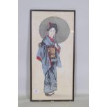 A vintage Japanese print with gilt highlights depicting a woman with a parasol, 30 x62cm