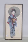 A vintage Japanese print with gilt highlights depicting a woman with a parasol, 30 x62cm