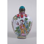 A Canton enamel snuff bottle decorated with women in a landscape, Chinese Qianlong 4 character