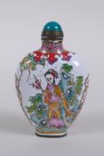 A Canton enamel snuff bottle decorated with women in a landscape, Chinese Qianlong 4 character