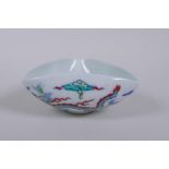 A Doucai porcelain bowl of triangular form decorated with dragons in flight, Chinese Chenghua 6