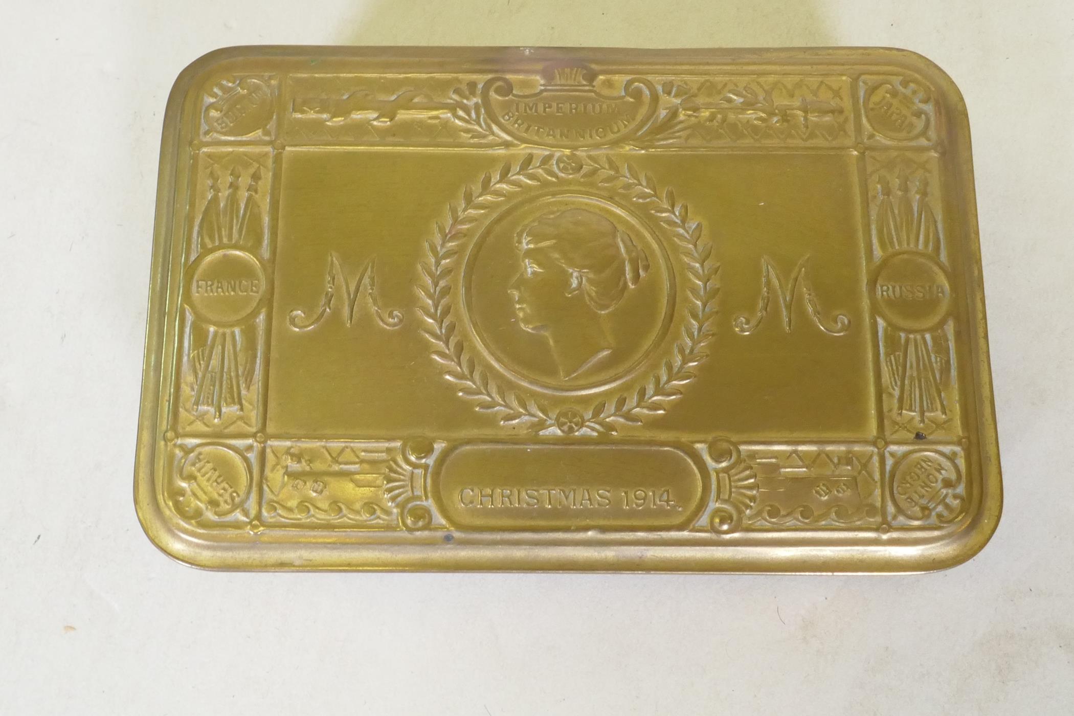 A WWI Christmas 1914 Princess Mary gift tin, with cigarettes and unopened tobacco, and greetings - Image 3 of 3