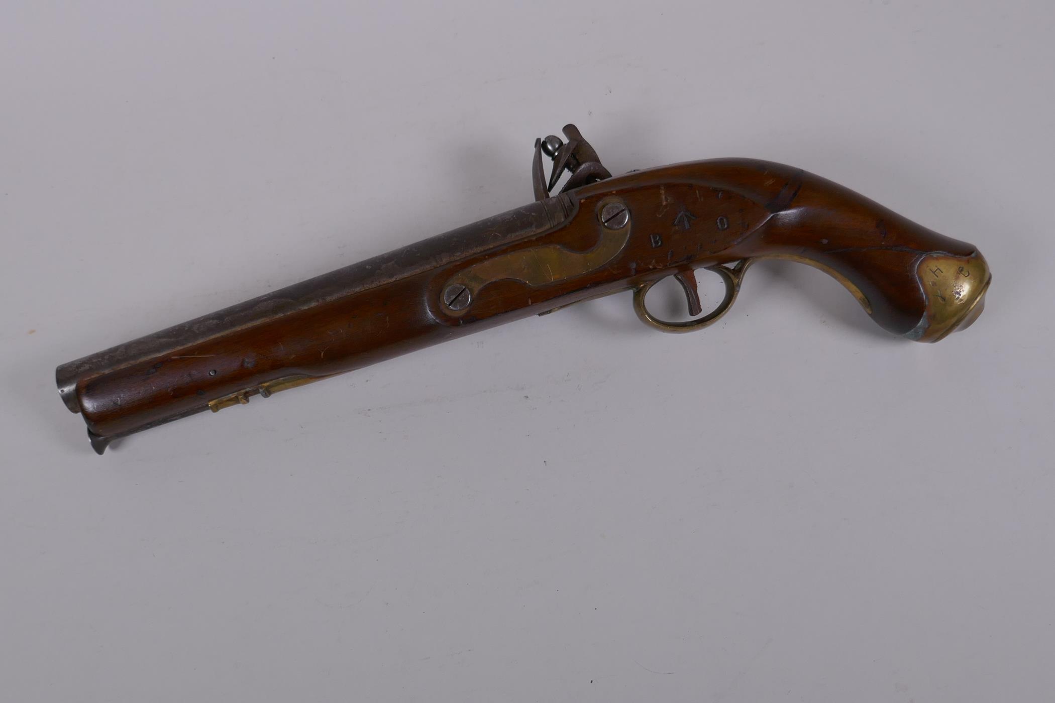 A late C18th/early C19th flintlock pistol, barrel 23cm long, the lock stamped Tower on a crown - Image 4 of 6