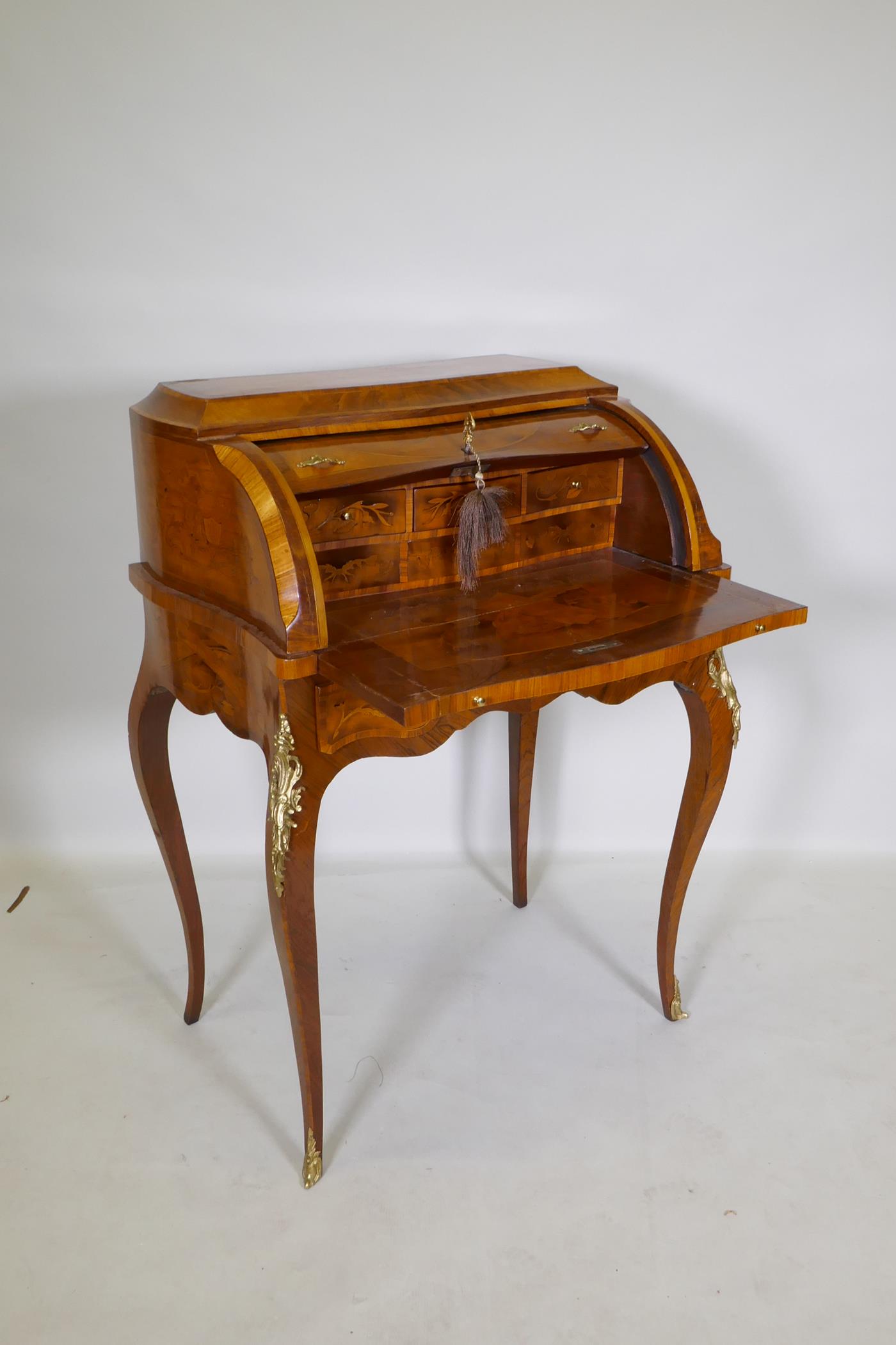 A rosewood marquetry inlaid bureau, with shaped top and cylinder front, the interior fitted with - Image 3 of 9