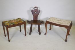 An elm birthing chair, together with two mahogany piano stools