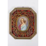 A boule work picture frame containing a portrait miniature of a woman in blue, first half C20th,