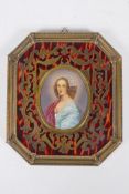 A boule work picture frame containing a portrait miniature of a woman in blue, first half C20th,