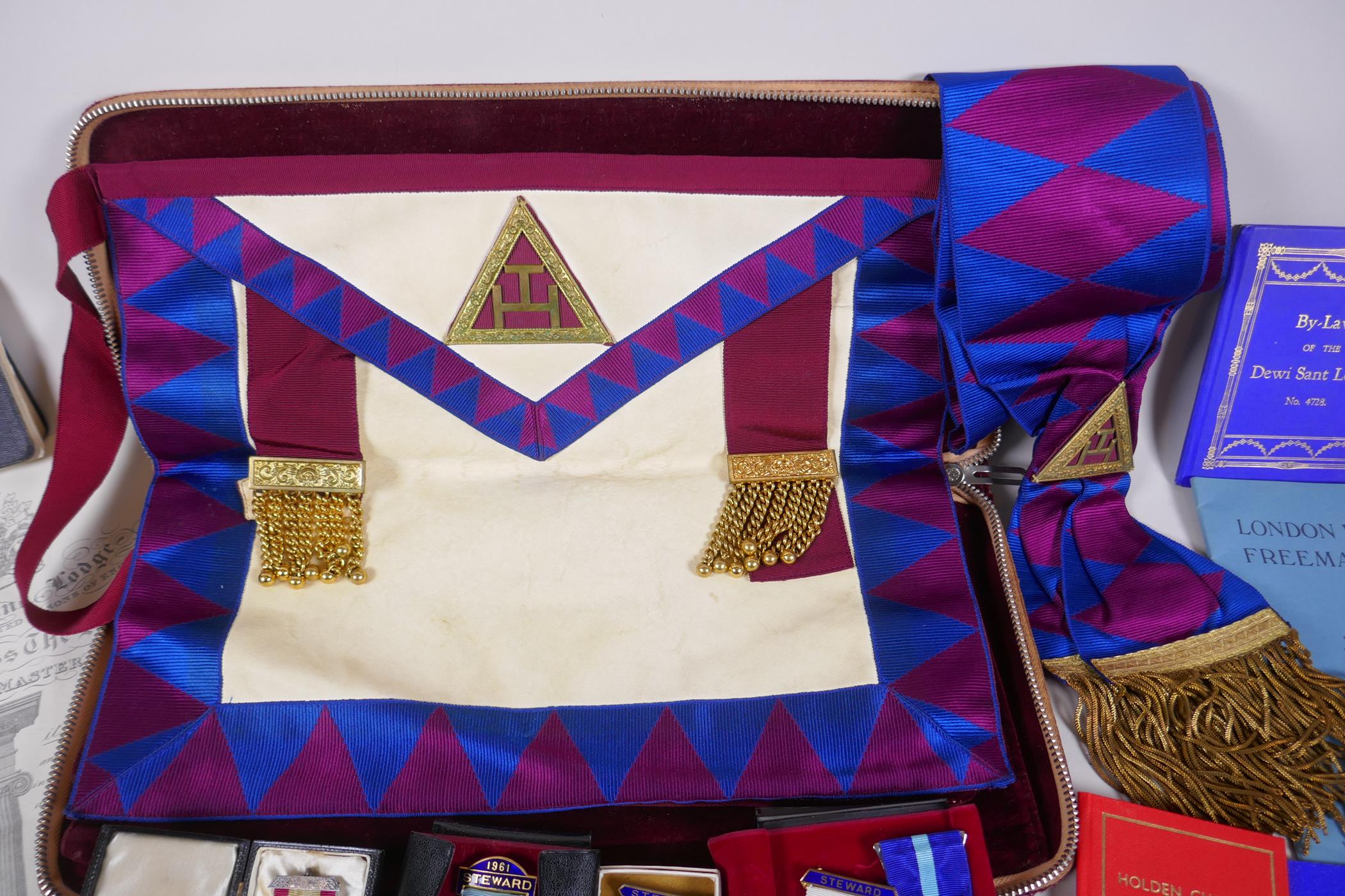 A collection of Masonic regalia to include an apron, sash, assorted medals (some silver) and a - Image 5 of 6