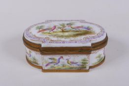 A hand painted porcelain trinket box with ormolu mounts, bears red Sevres mark to base, 16 x 10cm,