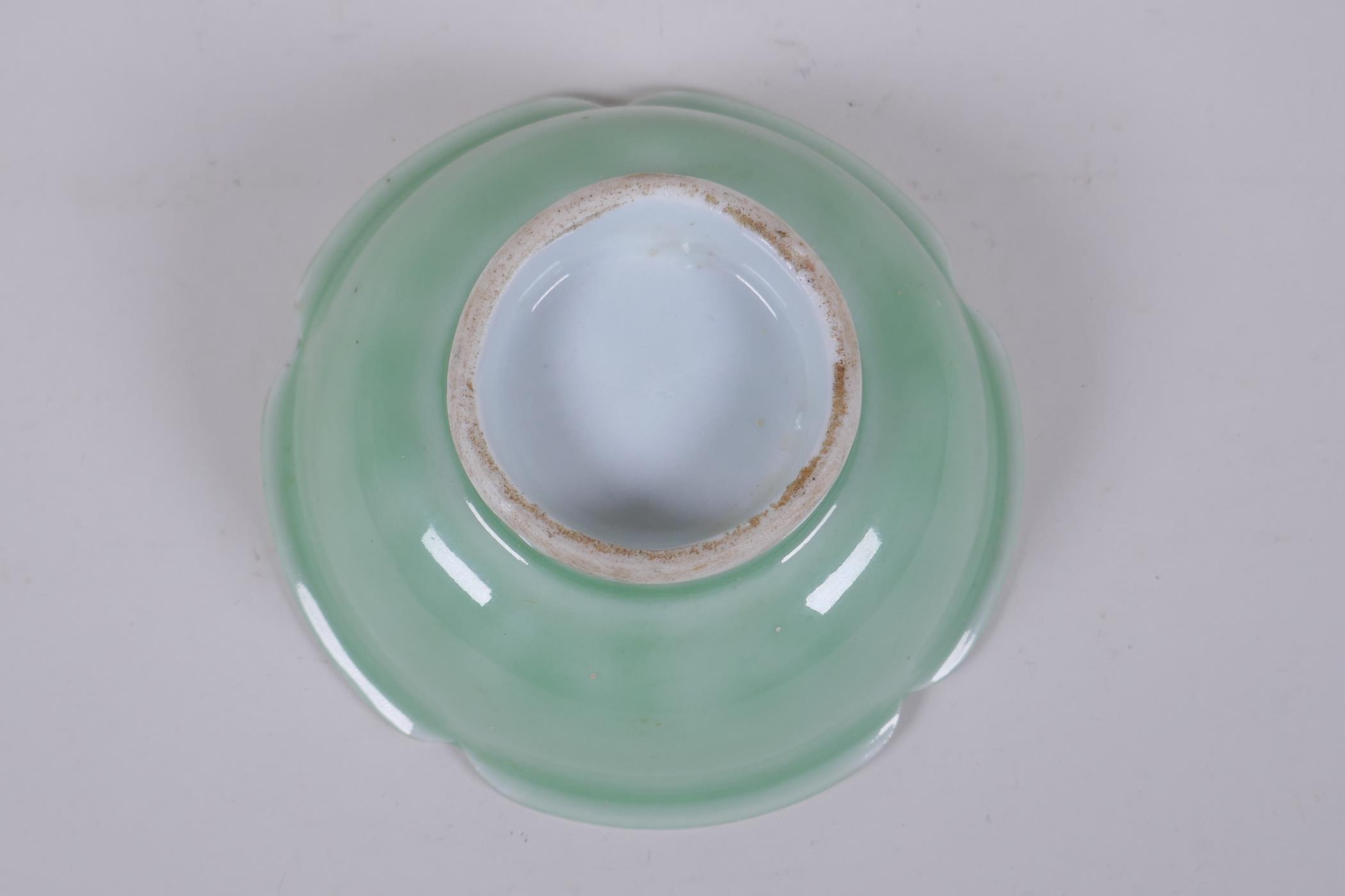 An oriental green glazed porcelain petal shaped bowl with underglaze prunus decoration, 14cm - Image 3 of 3