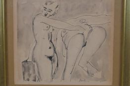 A study of two female figures, signed Hodler, ink and wash drawing, 21 x 22.5cm