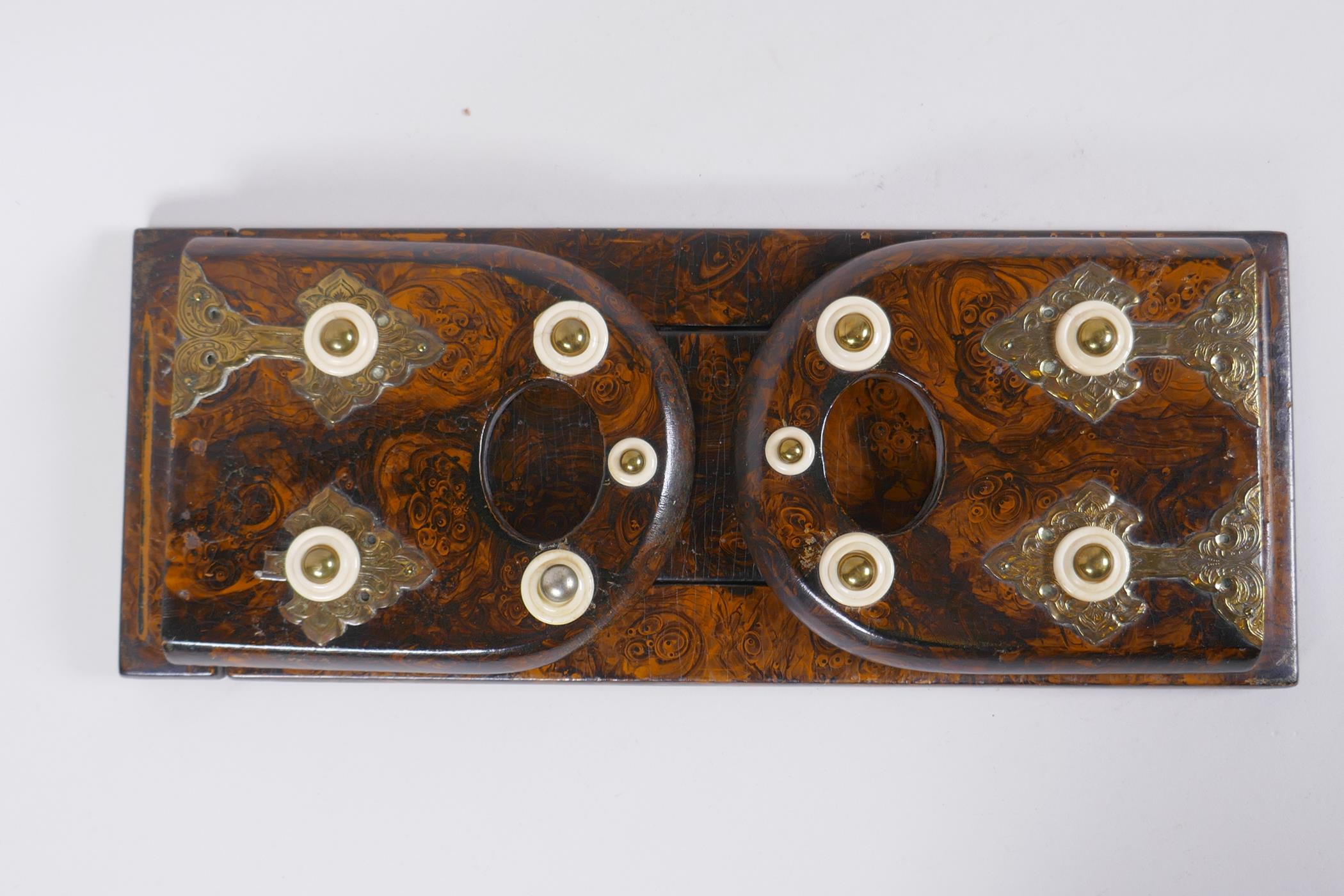 A Victorian papier mache book slide with decorative brass and bone mounts, and painted with a burr - Image 3 of 6