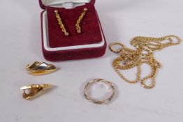 An 18ct gold chain, 63cm long, 11.4g and two pair of 9ct gold earrings, 3g and a gold ring, 1.9g