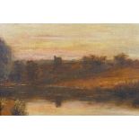 River landscape at sunset, C19th oil on canvas laid on board, in a heavy gilt frame, 25 x 30cm
