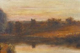 River landscape at sunset, C19th oil on canvas laid on board, in a heavy gilt frame, 25 x 30cm